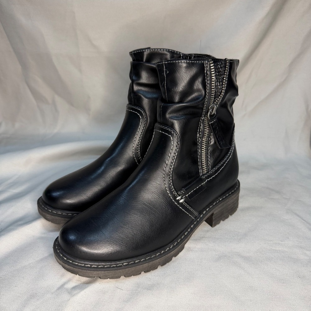 Muk Luks Women Black Faux Leather Faux Fur Lined Ankle Boots Size 6 Lug Sole